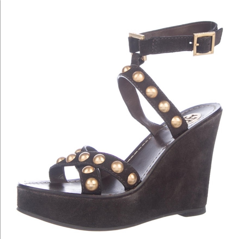 Tory Burch Brown Suede Brass Studded Wedge Sandals